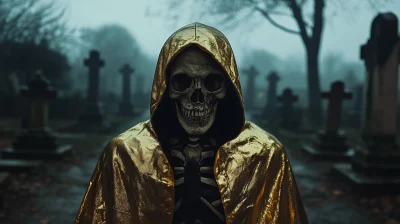 Golden Hooded Skeleton in Foggy Graveyard