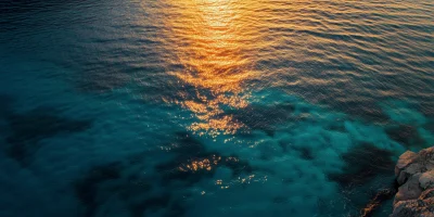 Aerial Sunset Reflection on Turquoise Seawater in Greece