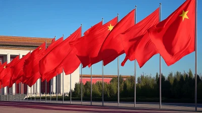 Row of Red Flags at People’s Square in China