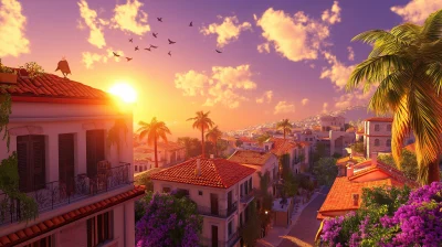 Vibrant Sunrise over Colorful Animated Neighborhood