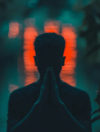 Silhouette of a Person Praying at Sunset