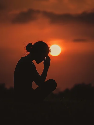 Silhouette of a Person Praying at Sunset