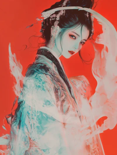 Iridescent Chinese Woman in Hanfu with Fox Demons