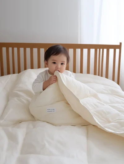 Pure White Cotton Child on Wooden Bed