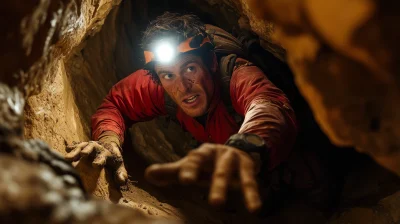 Struggling Man in Red Jacket Crawling Through Rocky Crevice