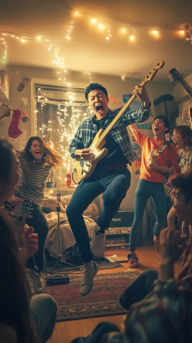 Group of young friends playing music in dorm room