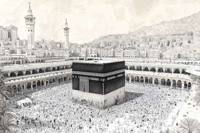 Black and White Sketch of the Kaaba and Worshippers