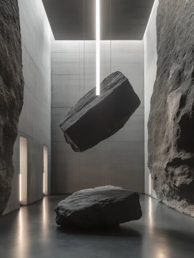 Concrete Gallery with Suspended Rock