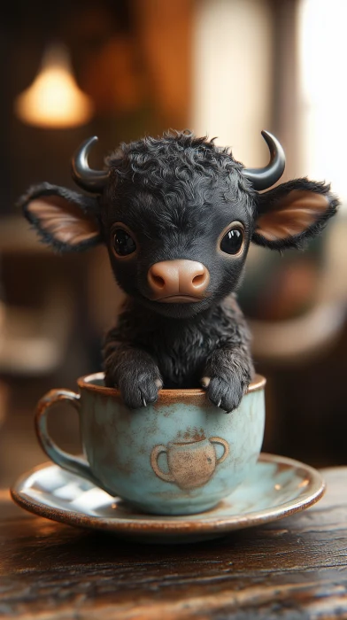 Micro African Buffalo Perched on Coffee Cup