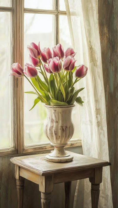 Shabby Chic Antique Vase with Dark Pink Tulips