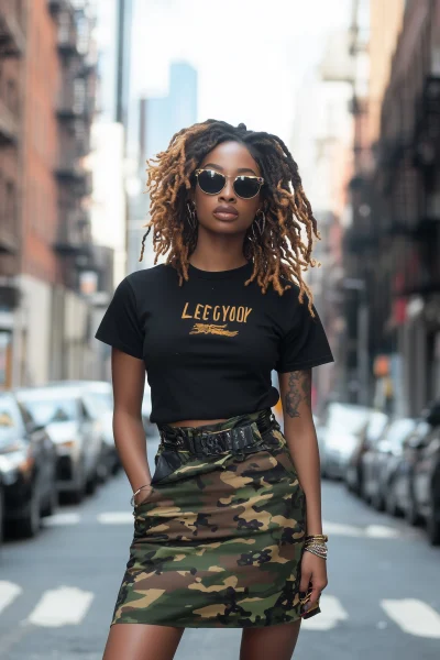 Stylish African American Woman in Black T-Shirt