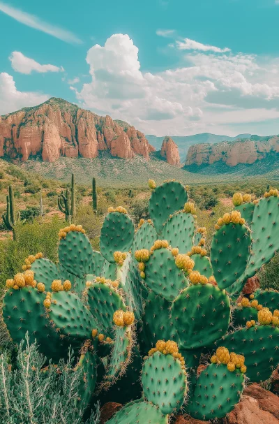 Arizona Desert Cactus with Red Mountains