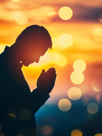 Silhouette of a Person Praying at Sunset