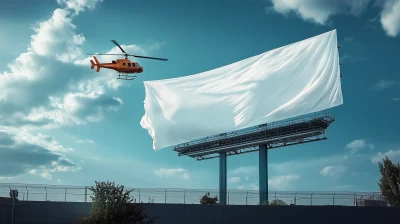 High Billboard Ad with White Fabric Held by Helicopter