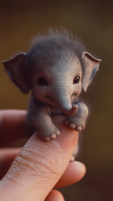 Photorealistic Micro Baby Elephant on Human Finger