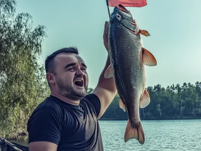 Russian Sailor Catching Fish on Lake in Carelia