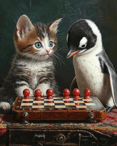 Adorable Kittens and Penguins playing checkers