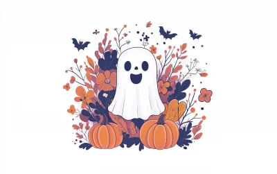 Cute Ghost and Pumpkins Vector Sticker Design