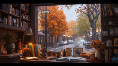 Cozy Coffee Shop in Fall Dusk