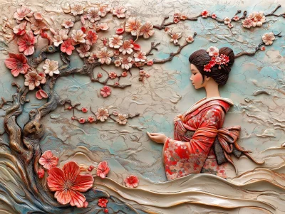 Cherry Blossom Tree and Kimono Girl Mural