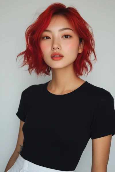 Portrait of a young Asian woman with short red hair