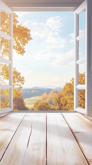 Autumn Landscape through Open Window