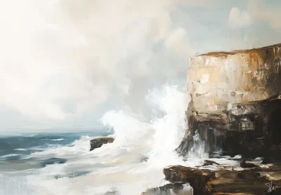 Vintage Ocean Cliffside Oil Painting