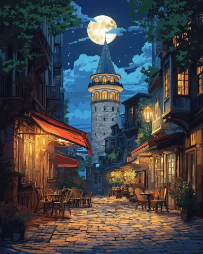 Ghibli-style Coffee Shop with Galata Tower at Night