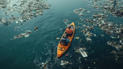 Couple Paddling Kayak in Polluted Sea