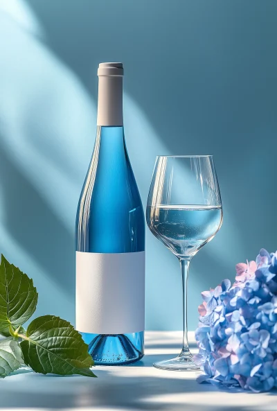 Elegant Wine Bottle and Blue Hydrangea Still Life