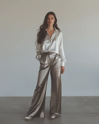 Stylish Business Woman in Shiny White Tucked Shirt