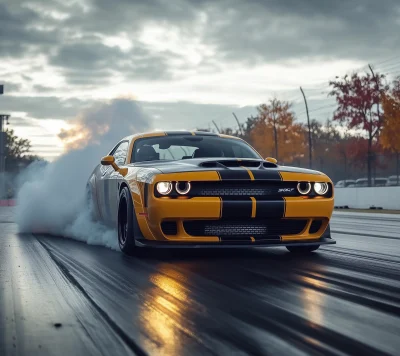 Yellow Dodge Challenger SRT Drag Racing