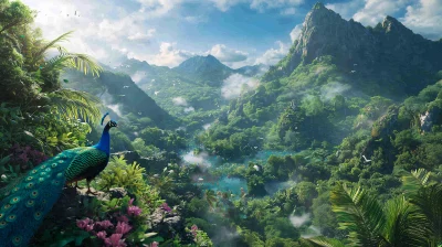 Lush Mountain with Peacocks