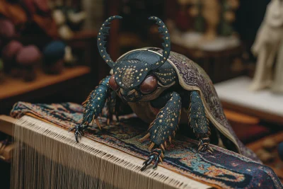 Iridescent Beetle Demon Weaving on a Wooden Loom