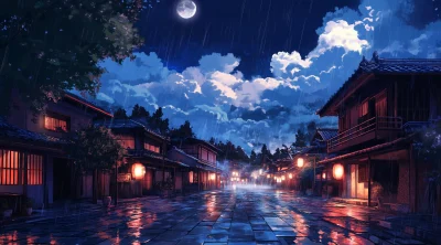 Traditional Japanese Village at Night