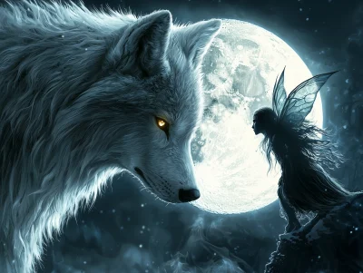 Snow White Wolf and Fae under Blue Moon