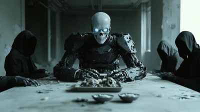 Cybernetic Skeleton Knight at Conference Table