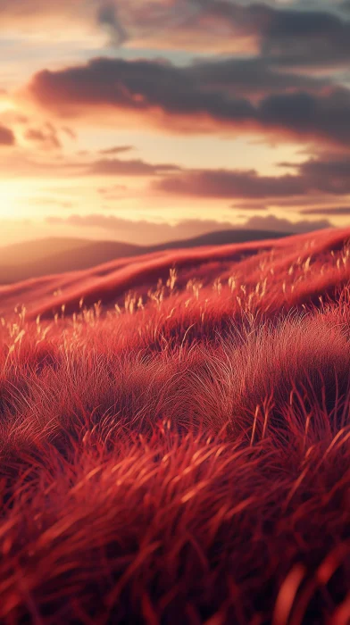 Red Grassy Hills at Sunset