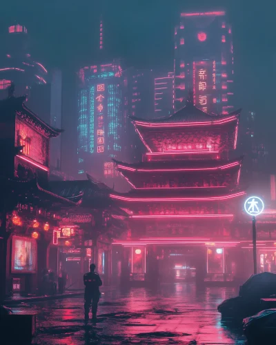 Cyberpunk Temple Cityscape at Night