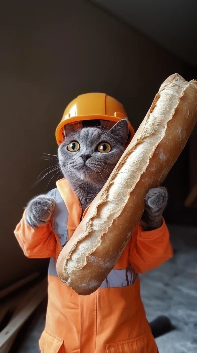 Cat construction worker carrying baguette