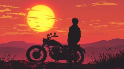 Man with Motorbike at Sunrise