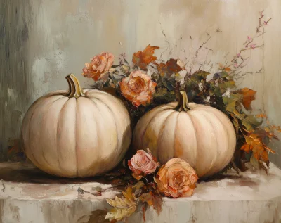 Vintage Pumpkin and Flower Oil Painting