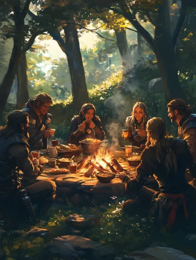 D&D Party Cooking Around a Campfire