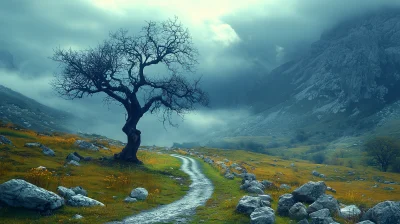 Cloudy Mountain Road with Dead Tree