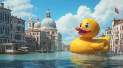 Huge Yellow Rubber Duck Action Fighting in Venice