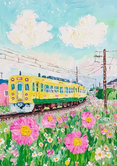 Train in Field of Flowers Watercolor Painting