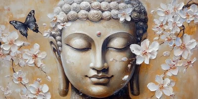 Buddha’s Face Painting with White Flowers and Butterflies