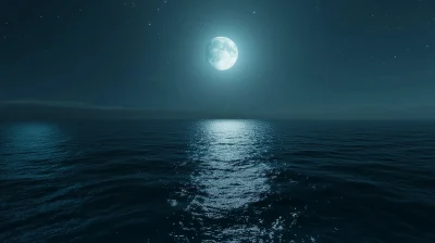 Night Ocean Landscape with Full Moon and Stars