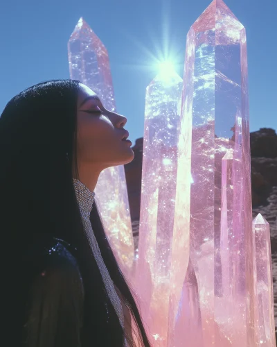 Surrealist Goddess Levitating over Crystals in Desert