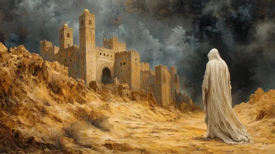 Penitent in the desert with Arabic castle ruins